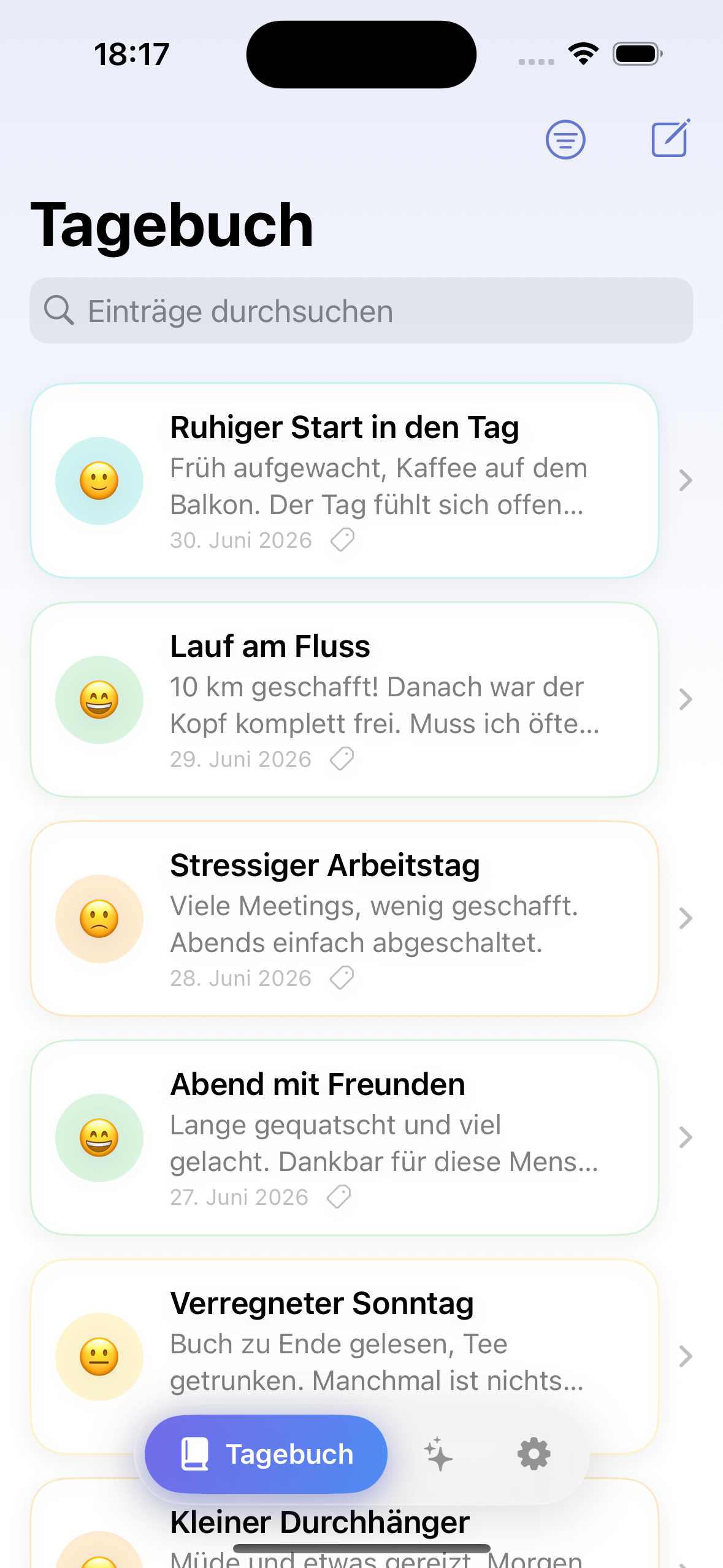 DayNote Tagebuch-Liste